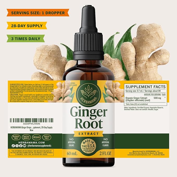 HERBAMAMA Ginger Drops - Vegan Digestive Support &amp Overall Well-Being with Ginger Root Extract Tincture - Non-GMO Alcohol &amp Sugar-Free Liquid Antioxidant Supplement 28-Day Supply