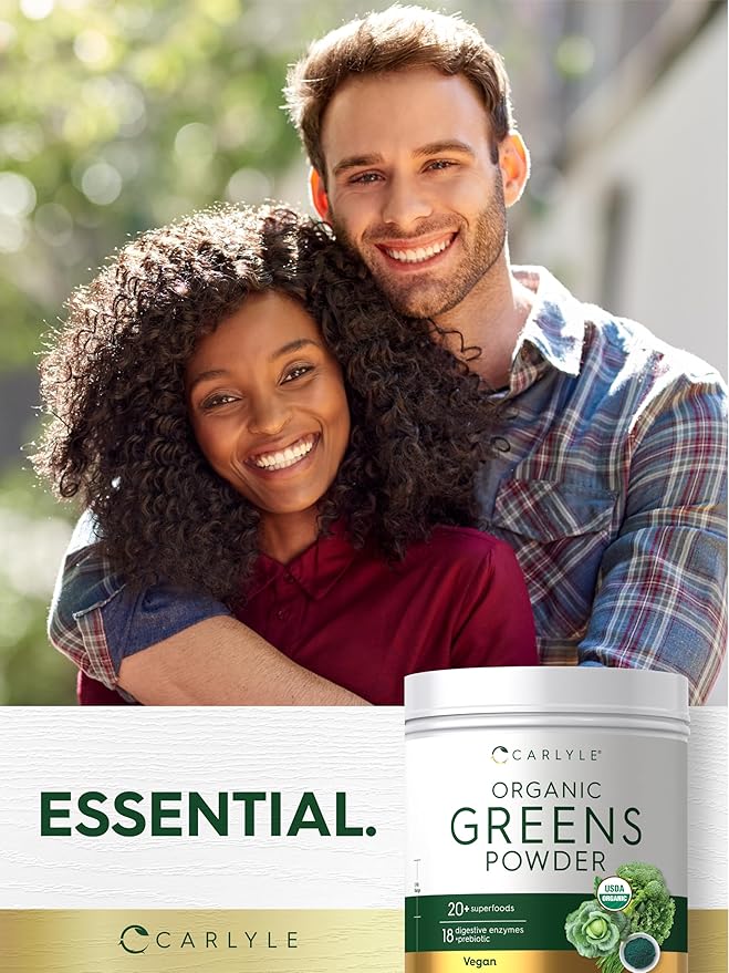 Carlyle Organic Greens Powder | 17.6 oz Supplement | Relieves Occasional Gas discomfort &amp Bloating | with 20+ Superfoods 18 Digestive Enzymes and Prebiotics | Vegan Non-GMO and Gluten Free