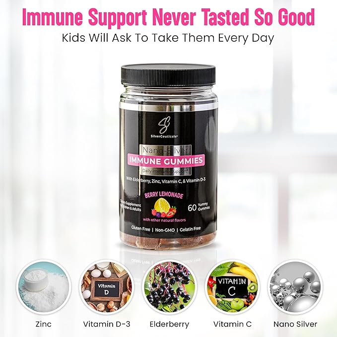 Immune Gummies - Sambucus Elderberry - Vitamin C &amp D - Zinc - Save Your Sick Days - Kids &amp Adults - Safe Ages 4 &amp Up - Nano Colloidal Silver - Gluten &amp Gelatin Free Non-GMO - Berry Lem