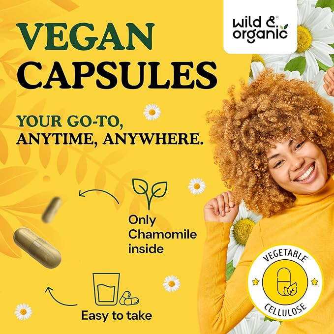Wild &amp Organic Chamomile Capsules 800 mg - Relaxation &amp Digestive Support - Herb Chamomile Extract Supplement - Matricaria Recutita Flower - Vegan No Fillers Non-GMO - 60 Count