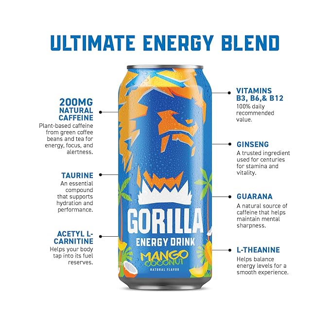 Gorilla Energy Drink Mango Coconut &amp Variety Pack 200mg Natural Caffeine Real Fruit Juice Squeezed &amp Concentrated 24 Cans