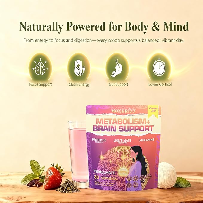 Monbrizz Instant Yerba Mate PowderMental Clarity SupplementNatural Coffee Alternative For EnergyLion's Mane L-TheanineProbiotic rebiotic Drink Nootropic Drink For Focus And Gut HealthLow Sugar