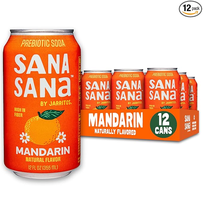 Sana Sana by Jarritos - Mexican Prebiotic Soda Soft Drinks Mandarin (12 oz 355ml) 12 Cans - 40 Calories 10g of Fiber - Low Sugar - Natural Flavor Soda Pop