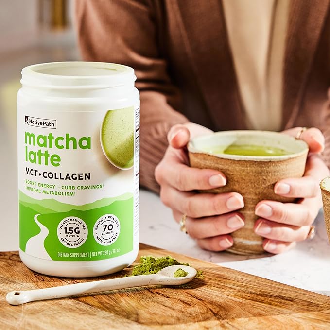 NativePath Matcha Latte Collagen Peptides with MCT Oil - 10g Grass-Fed Collagen &amp Organic Matcha for Energy &amp Focus - Keto No Gluten or Dairy (8.1 oz)