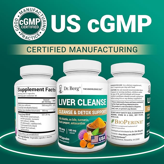 Dr. Berg Liver Cleanse Detox Capsules w/Unique Blend of Milk Thistle Ox Bile &amp Folate - Liver Supplement Includes Turmeric Black Pepper &amp Choline - 60 Capsules