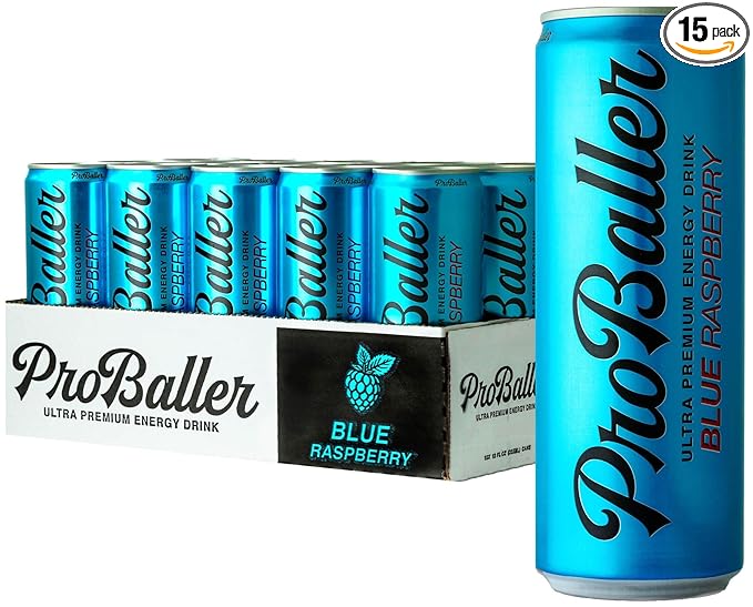ProBaller Clean Energy Drink - Athlete-Grade Energy for Focus &amp Performance Zero Sugar NSF Certified for Sport Natural Caffeine Biotin Electrolytes Amino Acids &amp B Vitamins - Blue Raspbe