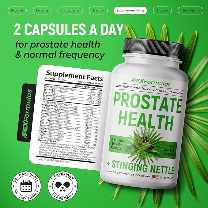 Prostate Health Supplements for Men with Stinging Nettle - Urinary Tract Health &amp DHT Blocker for Hair Growth - Pumpkin Seed Saw Palmetto Pygeum Lycopene - Mens Multivitamins with Zinc - 60 cap