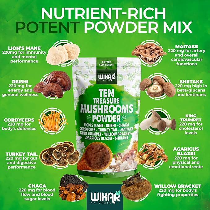 Wixar Mushroom Powder - Ten Treasure Mushrooms Extract Supplement Blend for Coffee &amp Smoothies - Lions Mane Turkey Tail Reishi Chaga Shiitake Cordyceps Complex - 4oz Mushroom Supplement