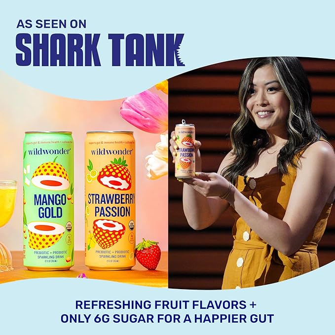 wildwonder Sparkling Probiotic Drink 12pk For Gut Health &amp Immune Support Mango Gold 5g Prebiotic Fiber Live Probiotics Organic Vegan Low Sugar 12 Pack 12oz Can As Seen on Shark Tank