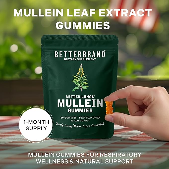 Betterbrand Mullein Chewable Gummies for Lung Cleanse and Detox Respiratory Health Supplement 1000mg Mullein Extract per Serving 60 Gummies - 30 Day Supply - Pear Flavored
