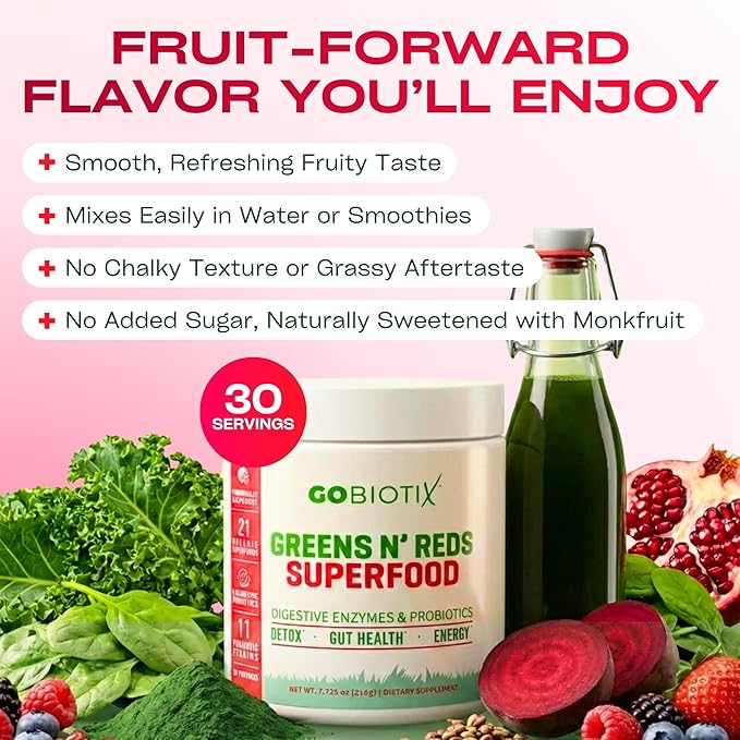 GOBIOTIX Super Greens Powder with Organic Spirulina - Superfood Supplement with Fruit Blend Probiotics and Enzymes for Digestive Health - Vegan Non-GMO - 30 Servings (Pomegranate Raspberry - 1 Pack)