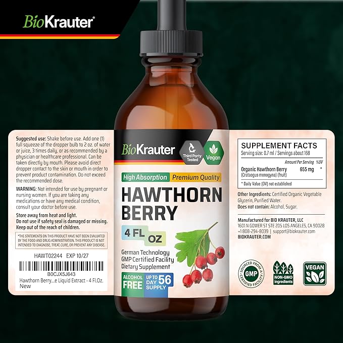 BIO KRAUTER® Hawthorn Berry - Pure Vegan Hawthorne Berry Supplement - Used for Overall Support &amp Daily Wellness - Liquid Drops 655 mg per Serving - Alcohol &amp Sugar Free 4 Fl.Oz 56 Days of Sup