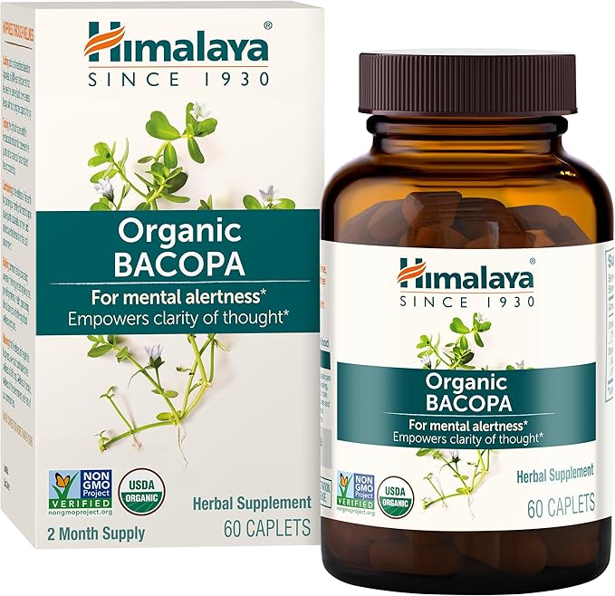 Himalaya Organic Bacopa Monnieri Nootropic Herbal Supplement Mental Alertness Supports Calm Memory Cognition USDA Organic Non-GMO 750 mg 60 Plant-Based Caplets 2 Pack 120 Day Supply
