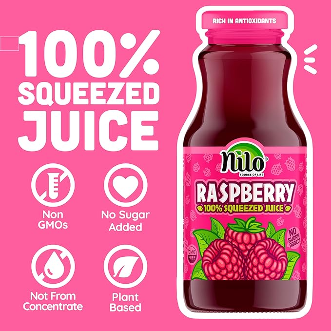 NILO Raspberry Juice | 100% Squeezed Raspberry Frambuesa | NO Sugar added | NON GMO | NOT From Concentrate | 8.45 oz (Pack of 12)