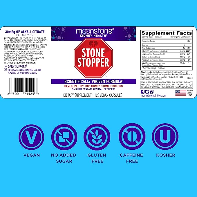 Moonstone Stone Stopper Capsules Kidney Stone Prevention Calcium Oxalate Protector Alkali Citrate Support Supplement Developed by Urologists to Support Kidney Health 90 Day Supply (360 Count)
