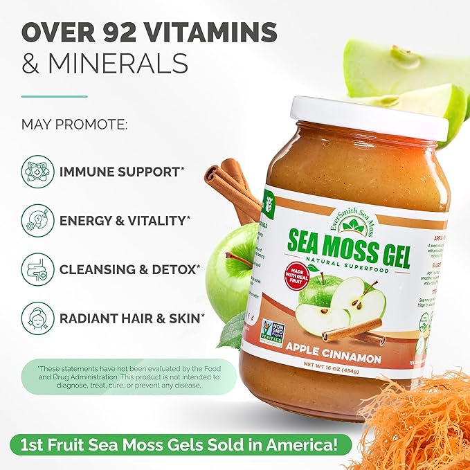 Wildcrafted Irish Sea Moss Gel | Made in USA | Rich in Vitamins &amp Minerals | Sea Moss Gel Raw | Nutritional Supplement | Apple (16 oz)