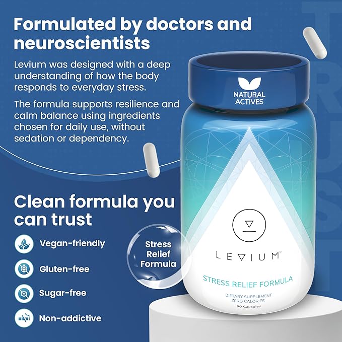 Levium Stress Supplement for Calm &amp Mood Support | Ashwagandha KSM-66 Magnesium L-Theanine &amp GABA | Supports Mental Focus &amp Relaxation | Non-Habit Forming | 90 Capsules