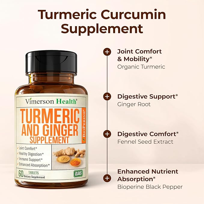 Turmeric Curcumin Supplement with Ginger Root for Joint Support Digestive &amp Gut Health - Contains Organic Turmeric Curcumin with Black Pepper (Bioperine) for Enhanced Absorption - 60 Tablets
