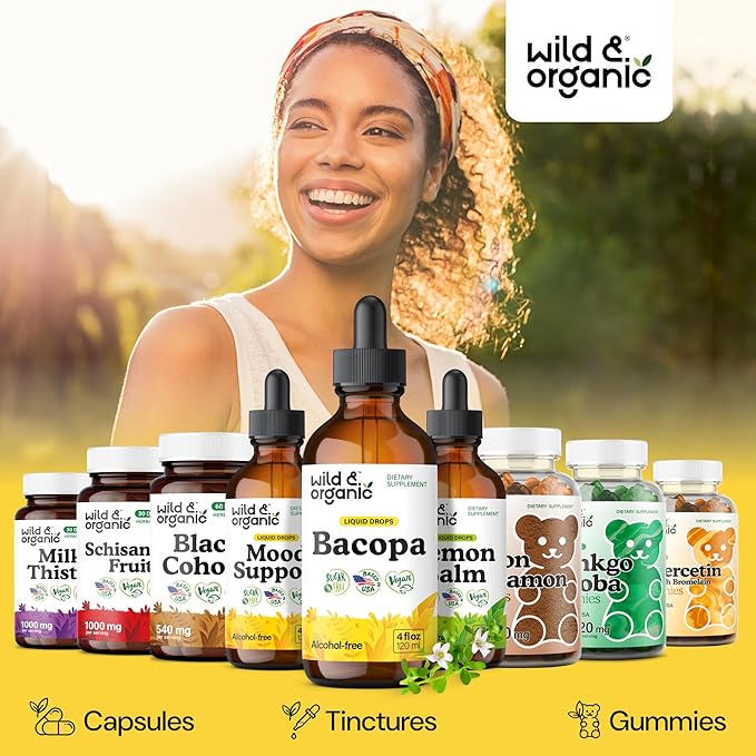 Wild &amp Organic Bacopa Liquid Drops - Herbal Tincture for Brain Support - Vegan Supplements with Bacopa Monnieri Extract Liquid - 5-Month Supply - Sugar &amp Alcohol-Free - 4 fl oz