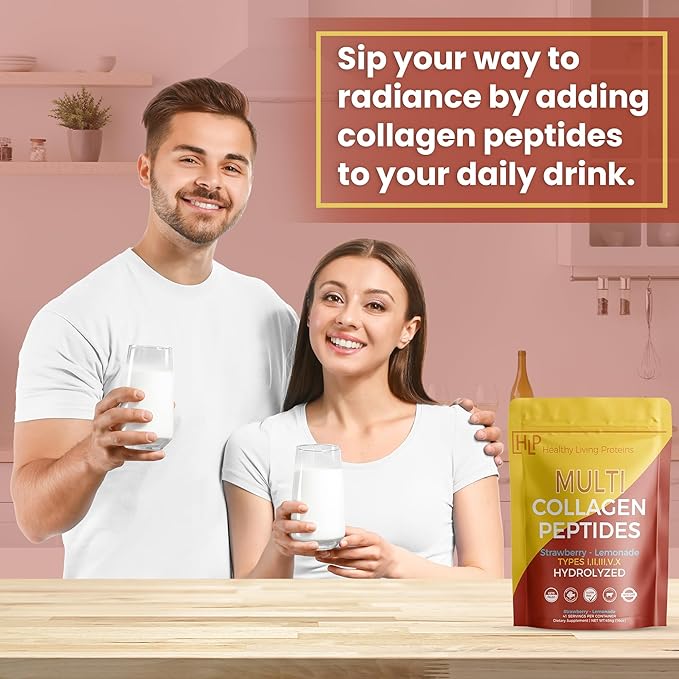 Healthy Living Proteins - Hydrolyzed Multi Collagen Peptides Powder Types I II III V &amp X - Grass Fed Bovine Wild Caught Marine Free Range Chicken - Gluten Free (Strawberry-Lemonade 16 oz)