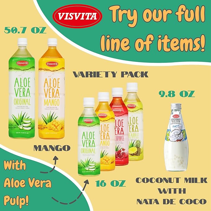 VISVITA Aloe Vera Juice with Real Pulp Variety Pack | Digestive Health Hydration &amp Energy Boost | No Artificial Colors 16.9 oz Original (5) Mango (5) Pineapple (5) Pomegranate (5) (Pack of