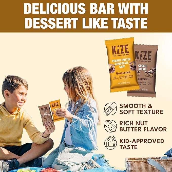 KiZE Energy Bars - Peanut Butter Chocolate Chip &amp Cookie Dough Bundle - 20-Count - Gluten Free Dairy Free Options Non-GMO and High Protein Meal Replacement Energy Bars Clean and Simple Food In