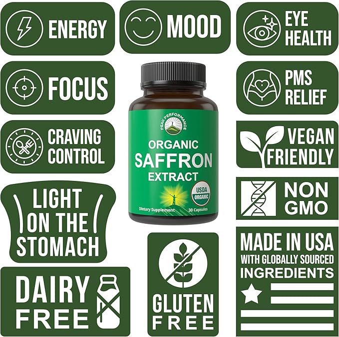 Saffron Supplements - USDA Organic Saffron Extract Capsules for Women Men and Kids. with Organic Prebiotic Fiber Instead of Filler. Pure and Natural for Mood Brain Focus Cravings PMS