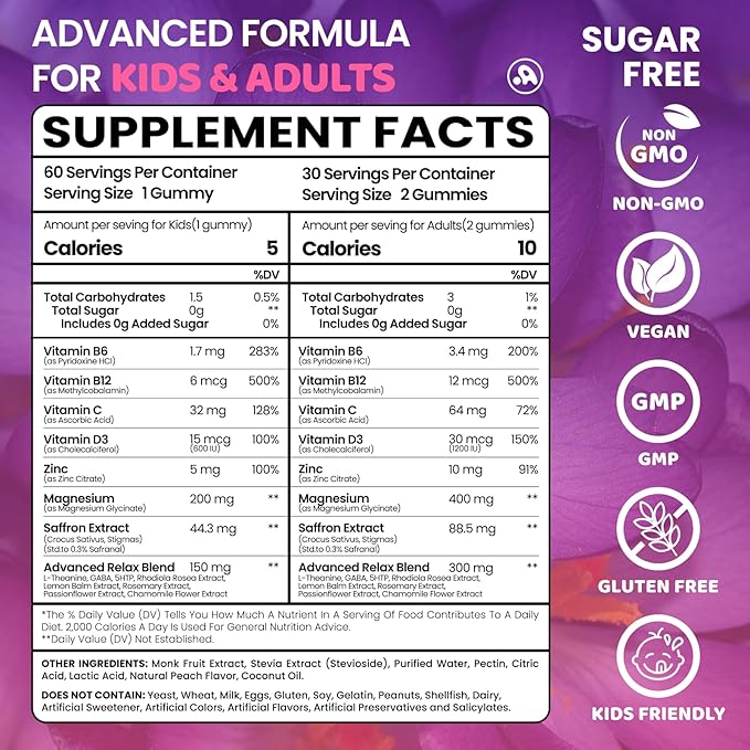 Saffron Gummies for Kids Adults 88.5mg 15-in-1 Saffron Supplements for Kids with B6 B12 C D3 Magnesium Glycinate Zinc for Nerve Rest Focus Sugar Free Vegan Non- GMO Peach Flavor 60 Count