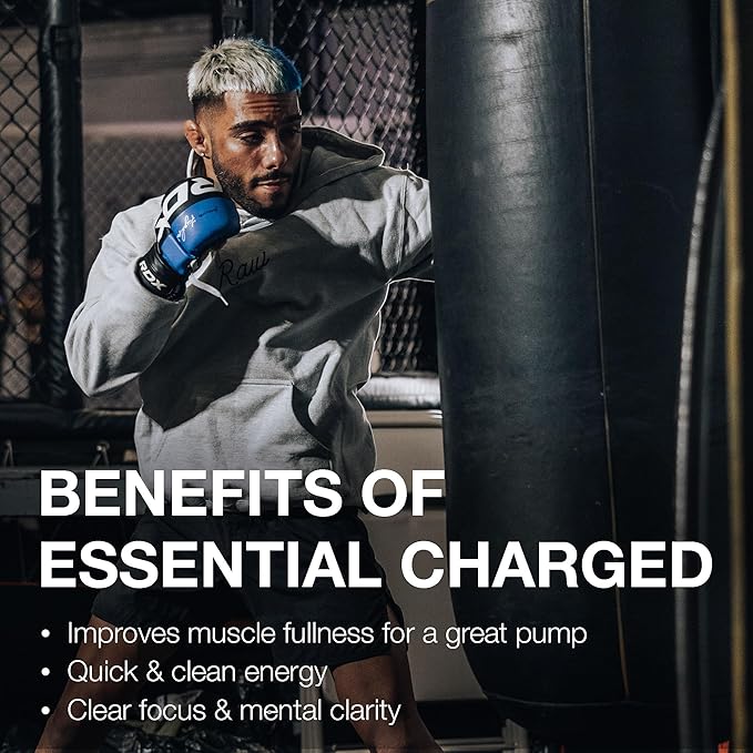 RAW Pre-Workout Powder Essential CHARGED (Blue Rathberry) - Preworkout Supplement for Men &amp Women - Supports Focus Mood &amp Performance - Caffeine Alpha-GPC L-Citrulline Beta Alanine (25 S
