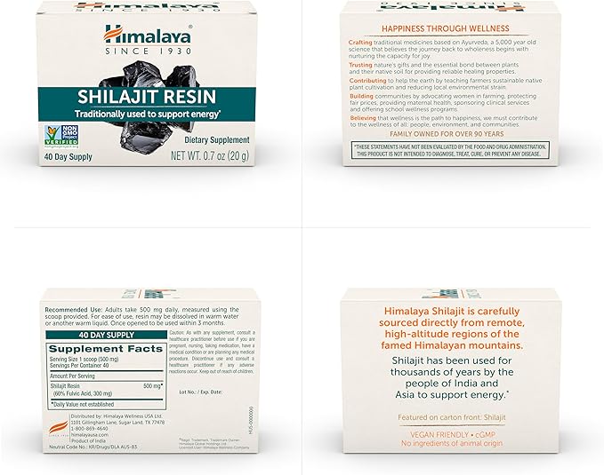 Himalayan Shilajit Resin Energy Superfood 60% Fulvic Acid Non-GMO 0.7 oz (20g) Jar 40-Day Supply