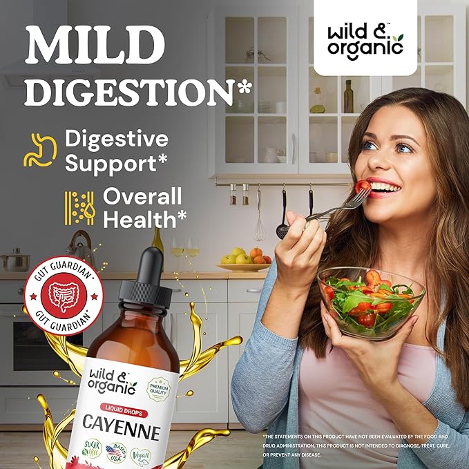 Wild &amp Organic Cayenne Pepper Tincture - Digestive Support with Capsaicin Extract - Cayenne Pepper Liquid Drops for Overall Well-Being - Vegan Sugar &amp Alcohol-Free - 4 fl oz