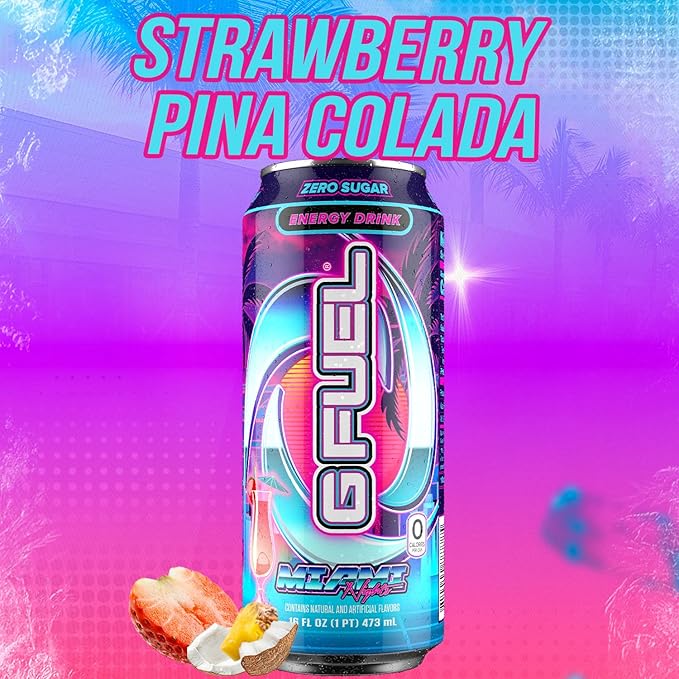 G Fuel Energy Drink Strawberry Pina Colada Sugar Free Beverage with 140mg Caffeine Daily Energy Boost with Focus Amino Vitamin + Antioxidants 16 oz Cans (Miami Nights 12-Pack)