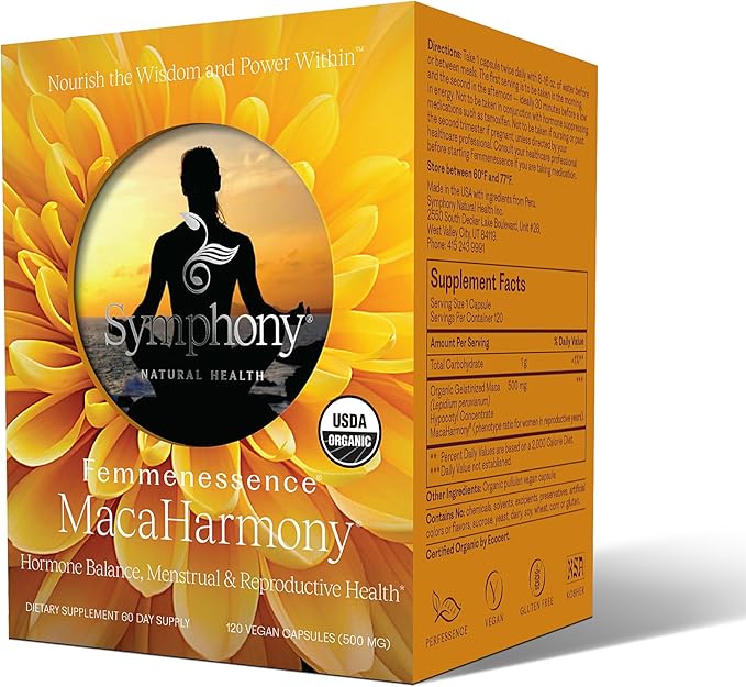 Femmenessence® MacaHarmony® – Clinically Studied Hormone Balance Support for Menstrual Health PMS Relief Mood Skin &amp Fertility 120 Natural Organic Vegan Capsules (60 Day Supply)