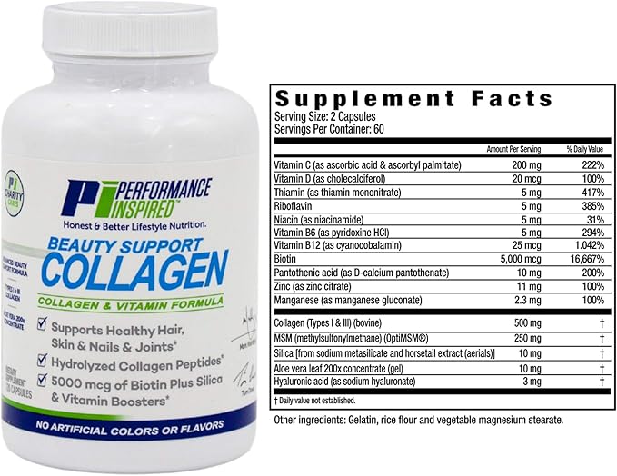 Performance Inspired Nutrition Collagen Capsules – Joint Skin Nails &amp Beauty Support – 5000mcg Biotin Silica Aloe Vera &amp Collagen Peptides – 120 Count