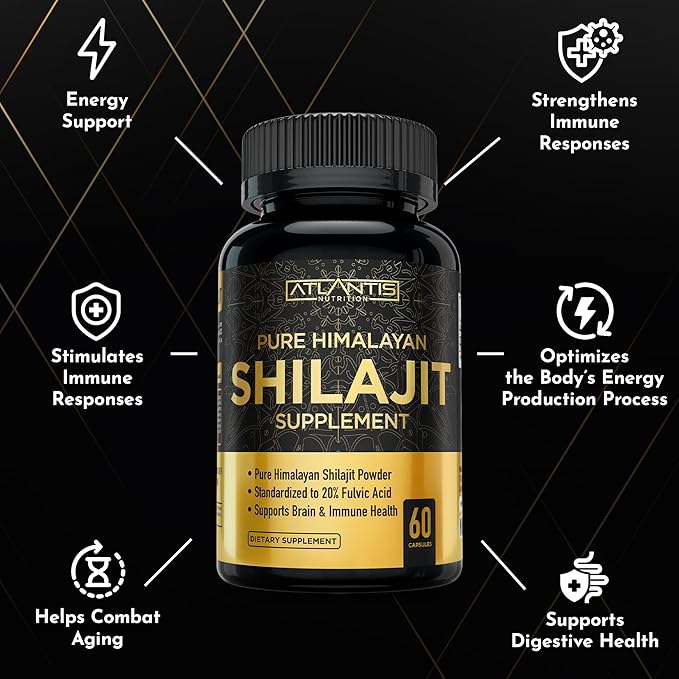 Atlantis Nutrition Himalayan Shilajit Capsules Formulated with 20% Fulvic Acid | 1000MG Per Serving — 10:1 Extract | USA Made | Himalayan Shilajit Supplement for Men &amp Women | 120 Capsules