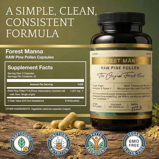 Forest Manna RAW Pine Pollen Capsules – Adaptogenic Functional Nutrition – Single Origin Pine Pollen – Vegan Gluten-Free &amp Non-GMO – 120 Capsules