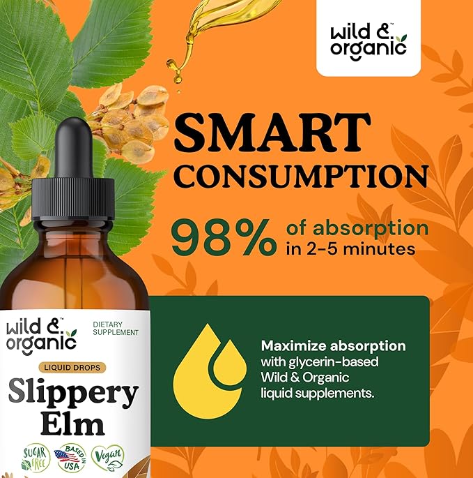 Wild &amp Organic Slippery Elm Liquid Drops - Lung Digestive &amp Women's Support - Slippery Elm Bark Supplement - Add to Tea Tincture - Ulmus Rubra Herb - Vegan Sugar &amp Alcohol-Free - 4 fl oz
