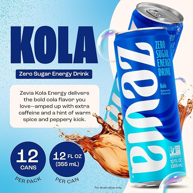 Zevia Zero Sugar Energy Drink Kola 12 oz Cans (12-Pack) – Naturally Sweetened Non-GMO Project Verified Gluten-Free Vegan