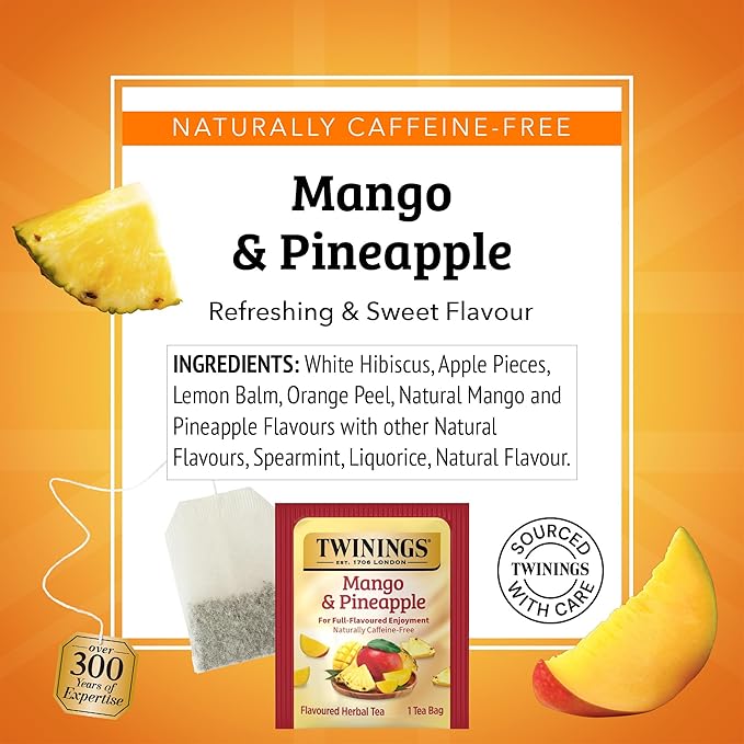 Twinings Mango &amp Pineapple Herbal Tea Individually Wrapped Bags 20 Count (Pack of 6) Naturally Caffeine-Free Enjoy Hot or Iced 120 Teabags