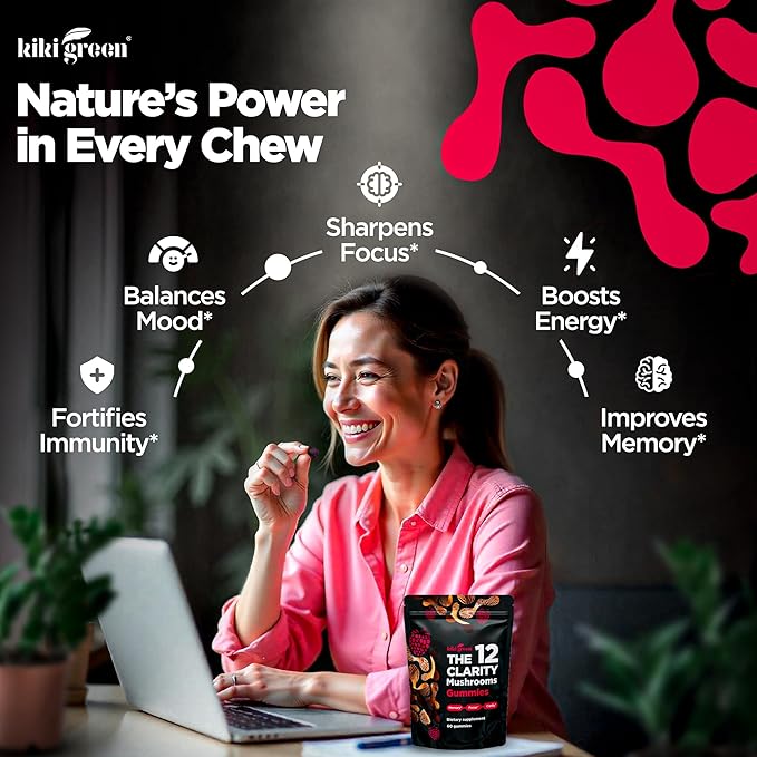 KIKI Green 12 Mushroom Supplement Gummies - Lion's Mane Cordyceps Chaga Reishi Turkey Tail &amp 7 More for Memory Focus Immunity - 60 Mushroom Gummies for Adults with Raspberry Flavor 10:1 Extr