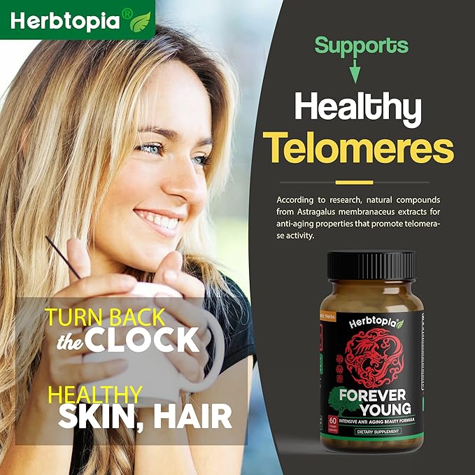 Forever Young Longevity Supplement for Immunity Anti Gray Hair Telomere Lengthening &amp Happy Mood w/Ginseng Astragalus Lions Mane Reishi Mushroom Codonopsis | Organic - 60 Caps