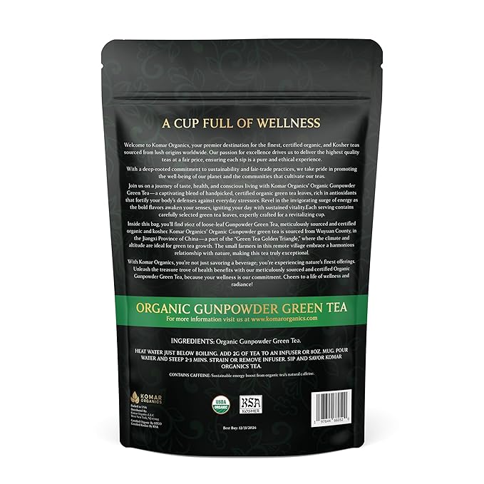 Komar Organics Gunpowder Green USDA Organic Green Tea 16Oz Loose Leaf Deep Smokey Flavor 1 LB Ideal for Energy Boost Antioxidants