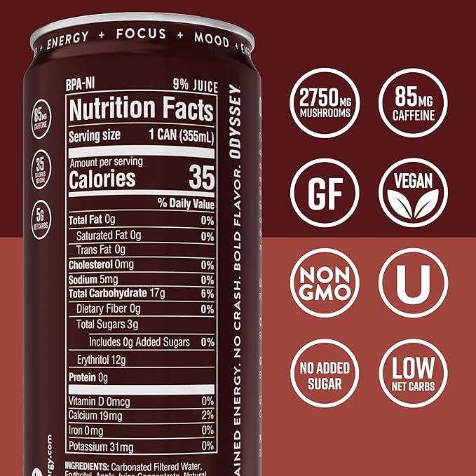 Odyssey Functional Energy Drink for Focus Cognition &amp Mood Support 12 Pack - Adaptogenic Drink with 85mg Green Tea Caffeine Lion’s Mane Cordyceps L-Theanine &amp Ginseng Sparkling Cola