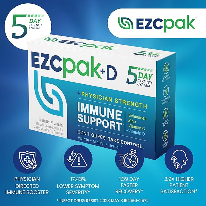 EZC Pak 5-Day Immune System Booster with Echinacea Vitamin C Zinc &amp Vitamin D - Tapered Immune Support Supplement for Adults - Supports Immunity Easy Travel-Size Supplement Pack
