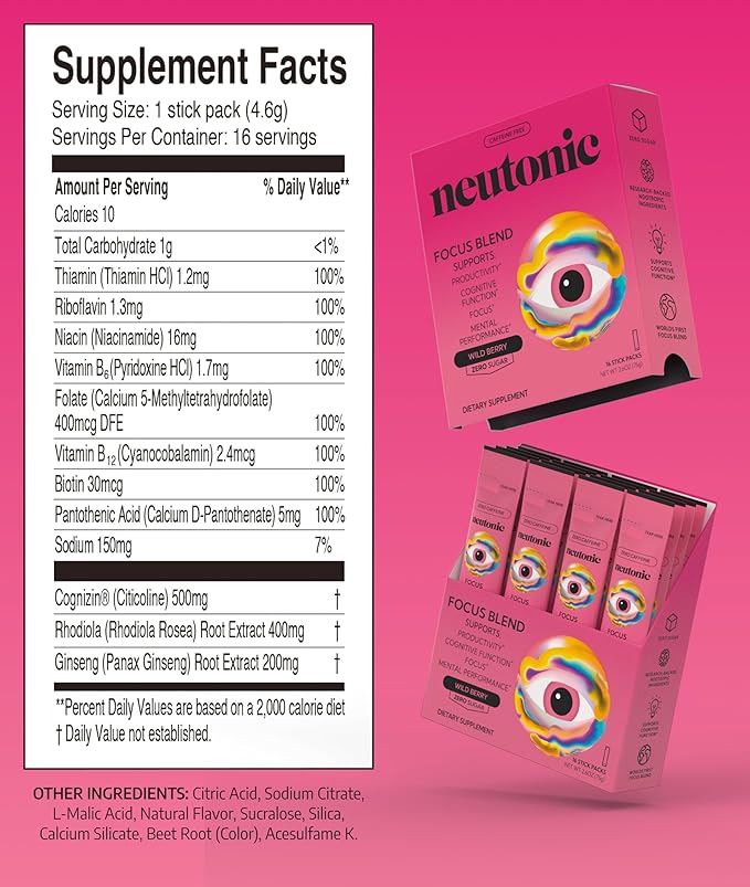Neutonic Nootropic Focus Blend Powder | Wild Berry 16 Sticks | Caffeine Free Zero Sugar | Support Memory Mental Clarity Cognitive Function | Boost Focus Energy Brain Health