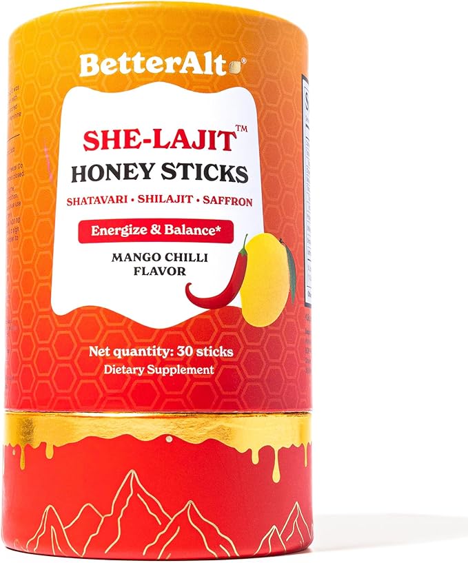 Better Alt She-Lajit Honey Sticks Mango Chilli Flavor | with Shatavari Shilajit &amp Saffron | 85+ Nutrients for Vitality &amp Stamina| 30 Sticks