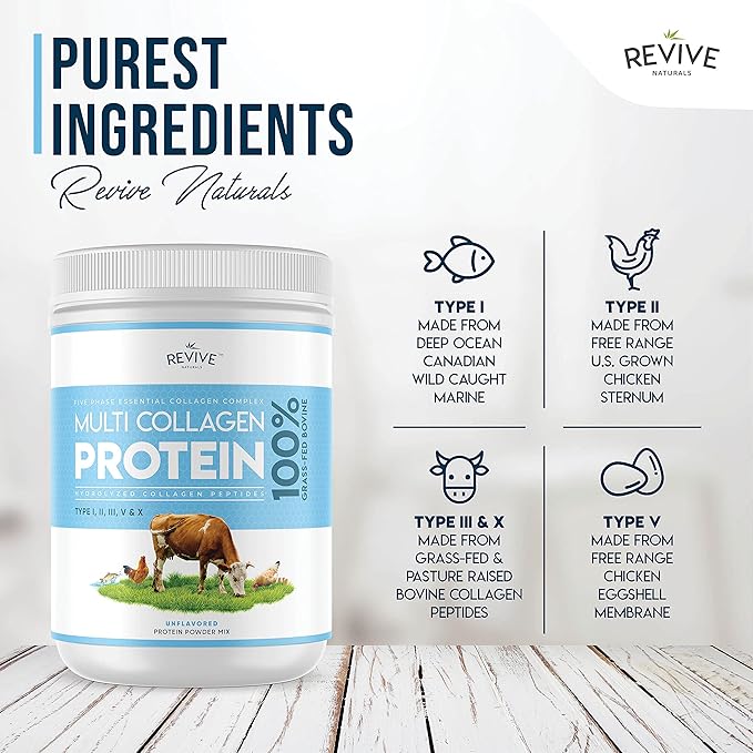 Revive Naturals Multi Collagen Hydrolyzed Protein Powder (16oz) - Types I II III V &amp X - Grass Fed Bovine Wild Caught Marine Free Roaming Chicken &amp Eggshell Collagen Peptides