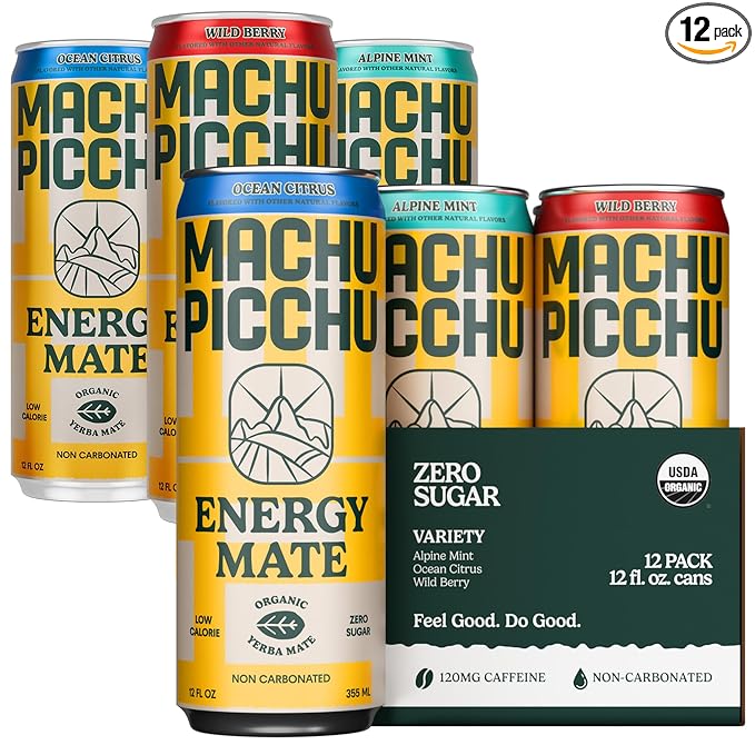 MACHU PICCHU Zero Sugar Energy Mate Drink – Non-Carbonated Yerba Mate 120mg Organic Caffeine Smooth Focus Without Jitters or Crash Low Calorie USDA Organic 12oz Cans (12-Pack-“Variety”)