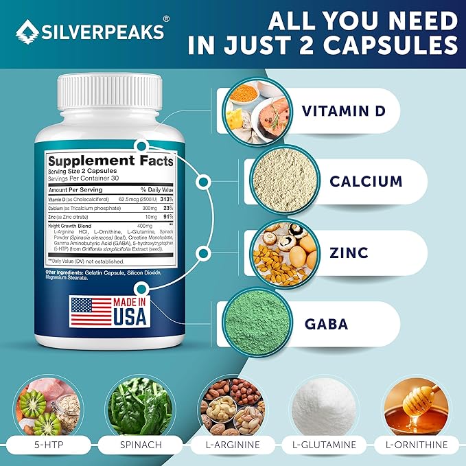Growth Capsules to Grow Taller - Height Growth Maximizer with Calcium for Bone Strength Made in USA Natural Get Taller Supplement to Increase Bone Growth Adults Teens &amp Kids Free of Growth Hor