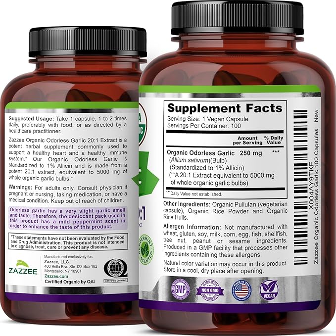 Zazzee USDA Organic Odorless Garlic 20:1 Extract 1% Allicin 100 Vegan Capsules 3+ Month Supply Allium Sativum Immune Circulation &amp Heart Health Support All-Natural Non-GMO Made in the USA